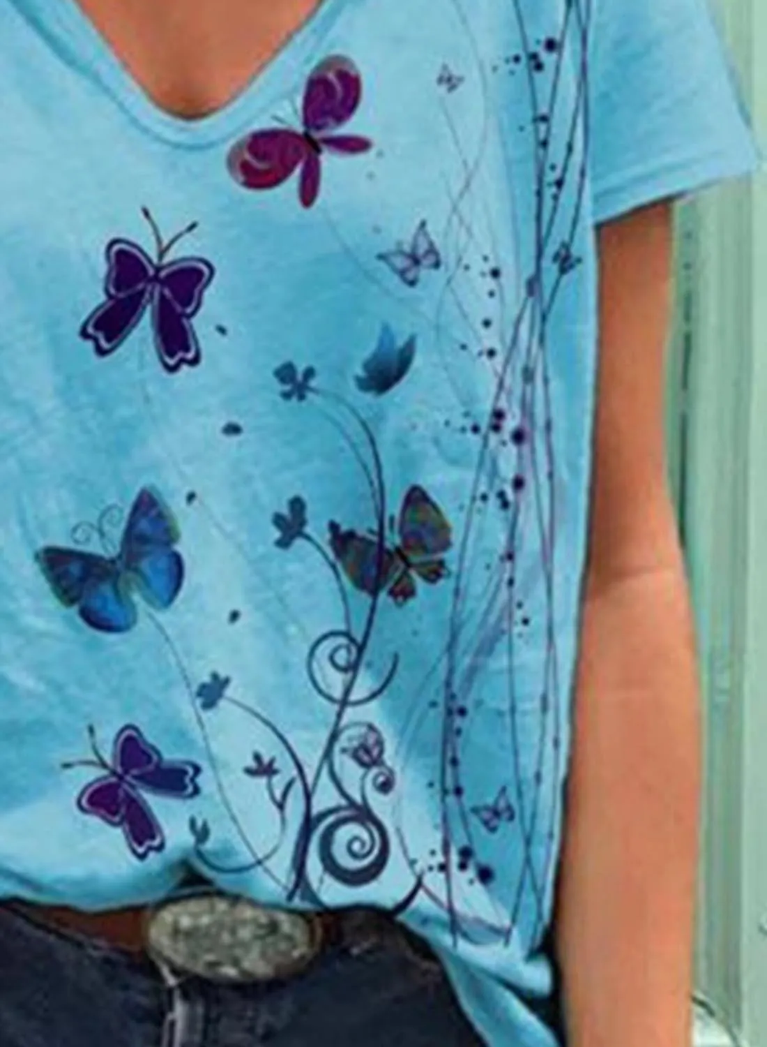 Women's V Neck Butterfly Print Ladies T-shirts