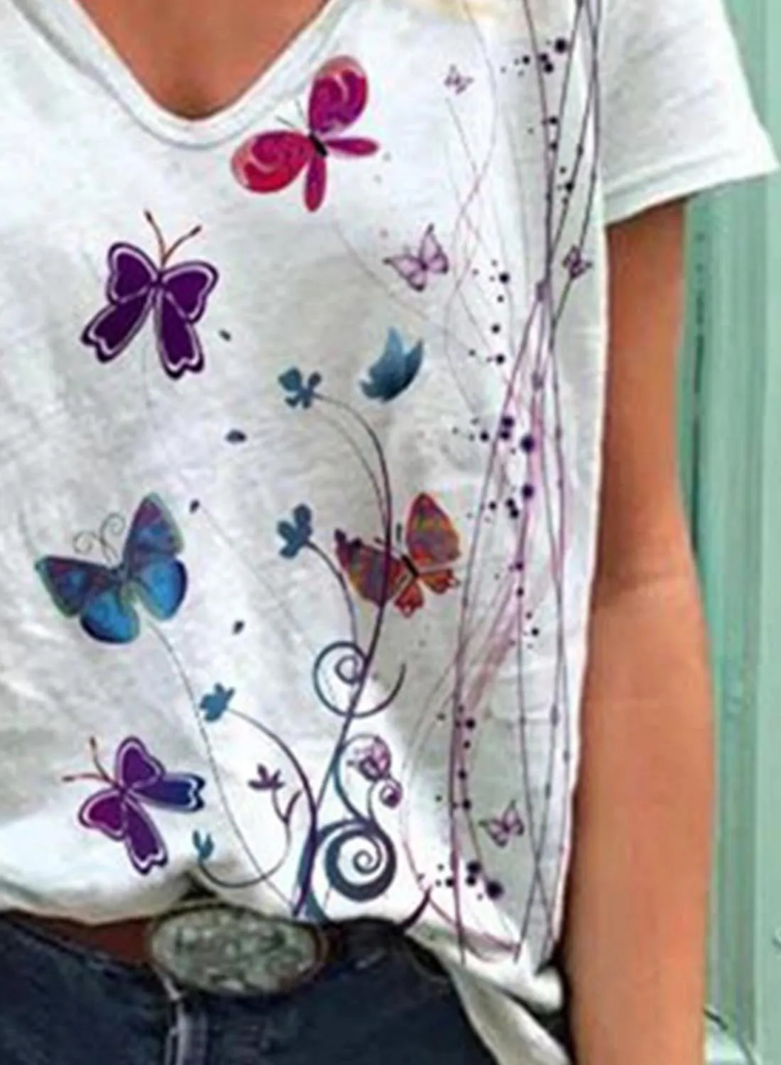 Women's V Neck Butterfly Print Ladies T-shirts