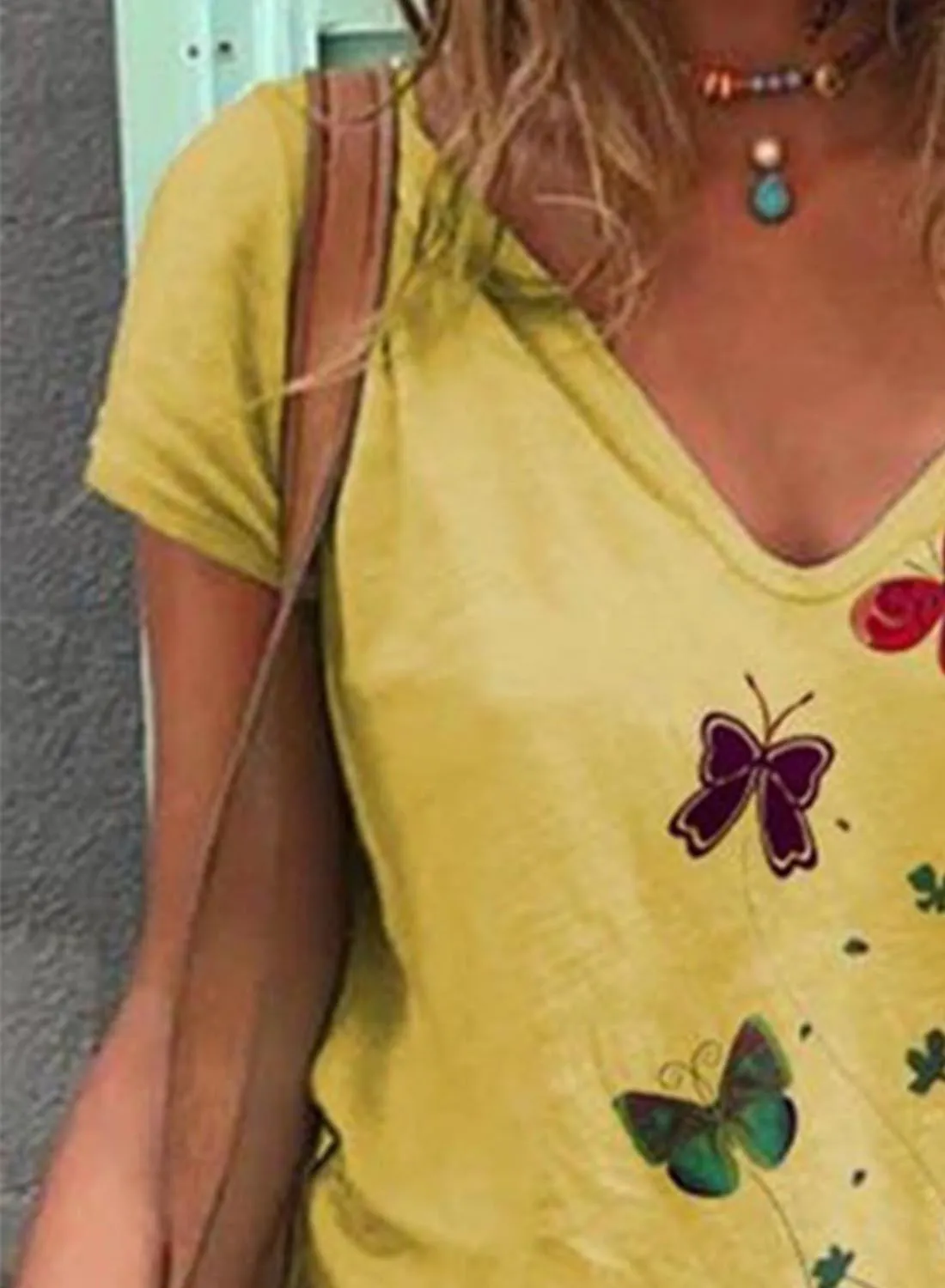Women's V Neck Butterfly Print Ladies T-shirts