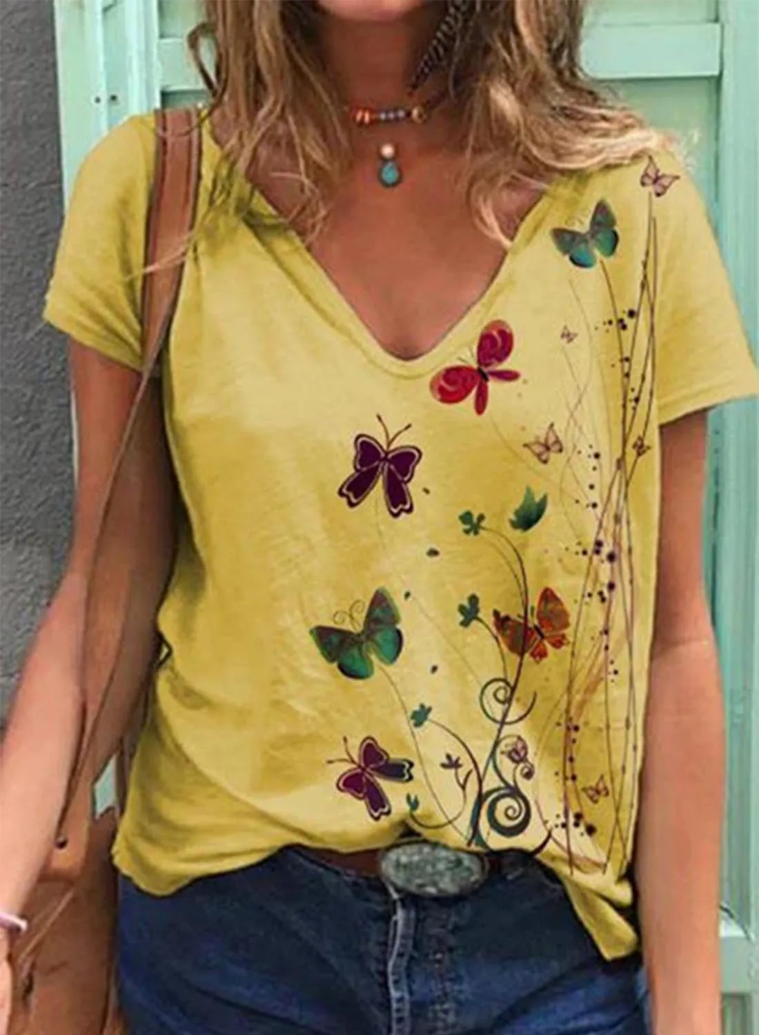 Women's V Neck Butterfly Print Ladies T-shirts