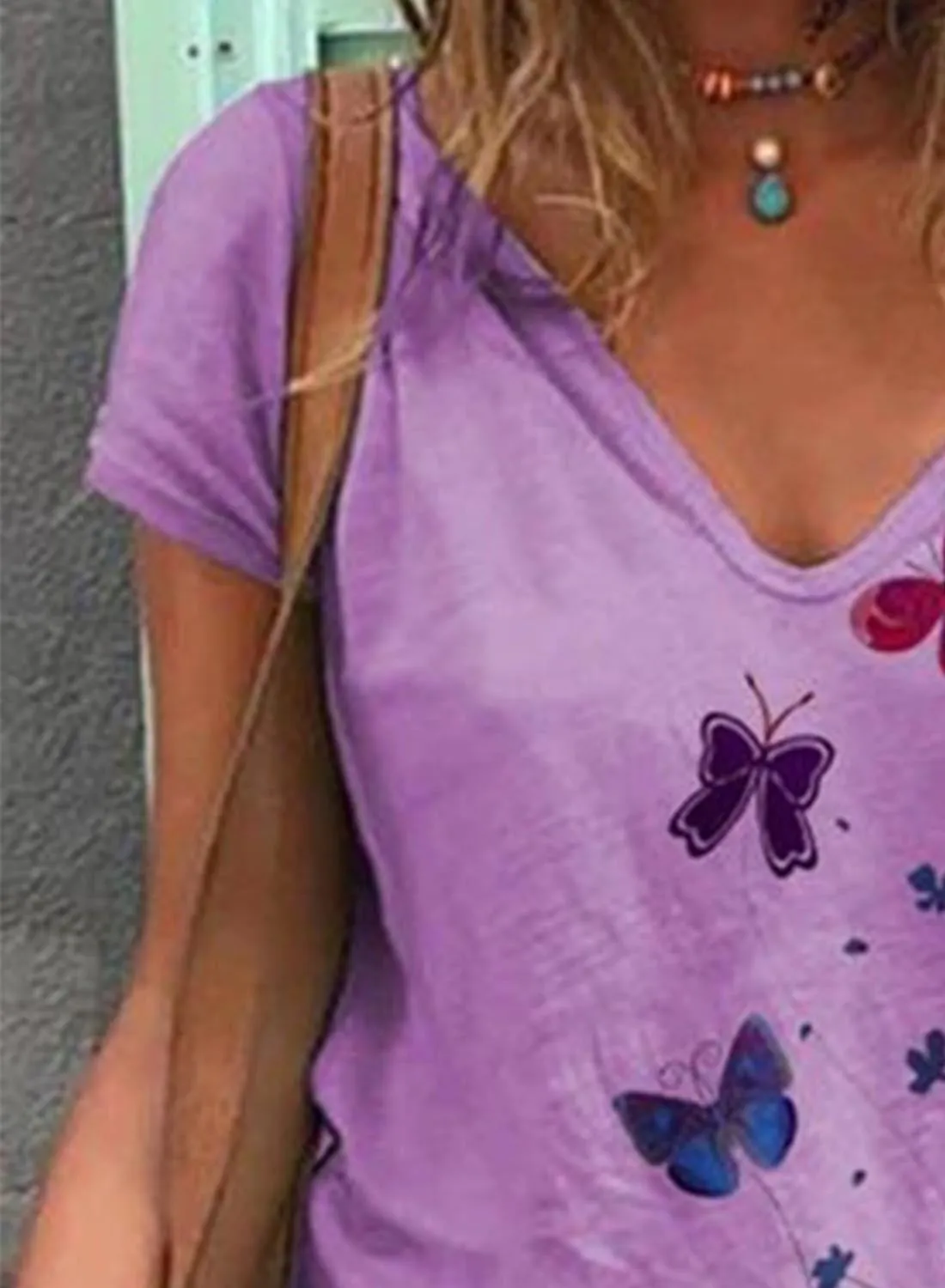 Women's V Neck Butterfly Print Ladies T-shirts