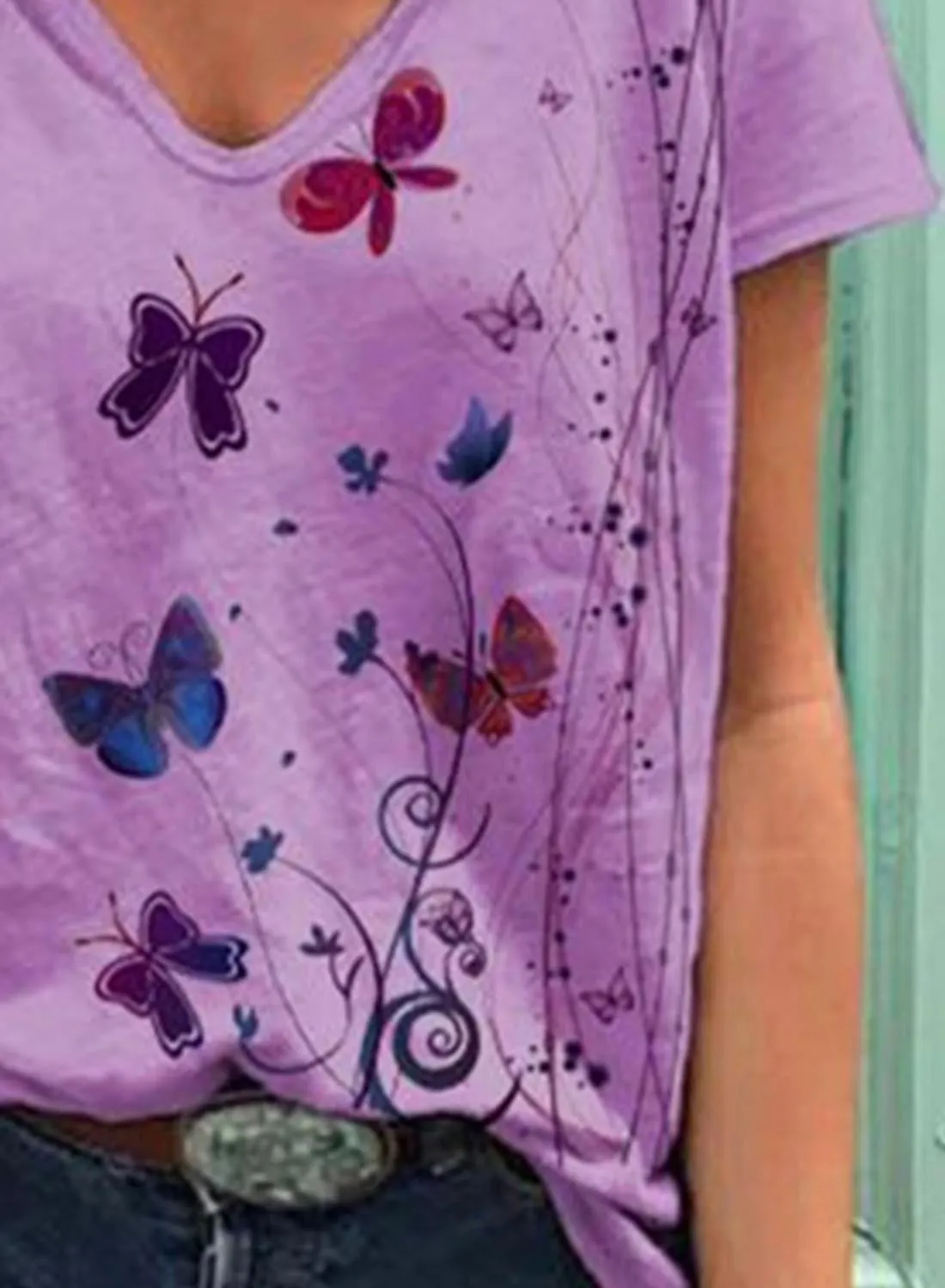 Women's V Neck Butterfly Print Ladies T-shirts