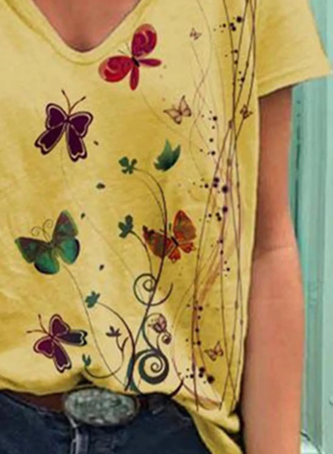 Women's V Neck Butterfly Print Ladies T-shirts