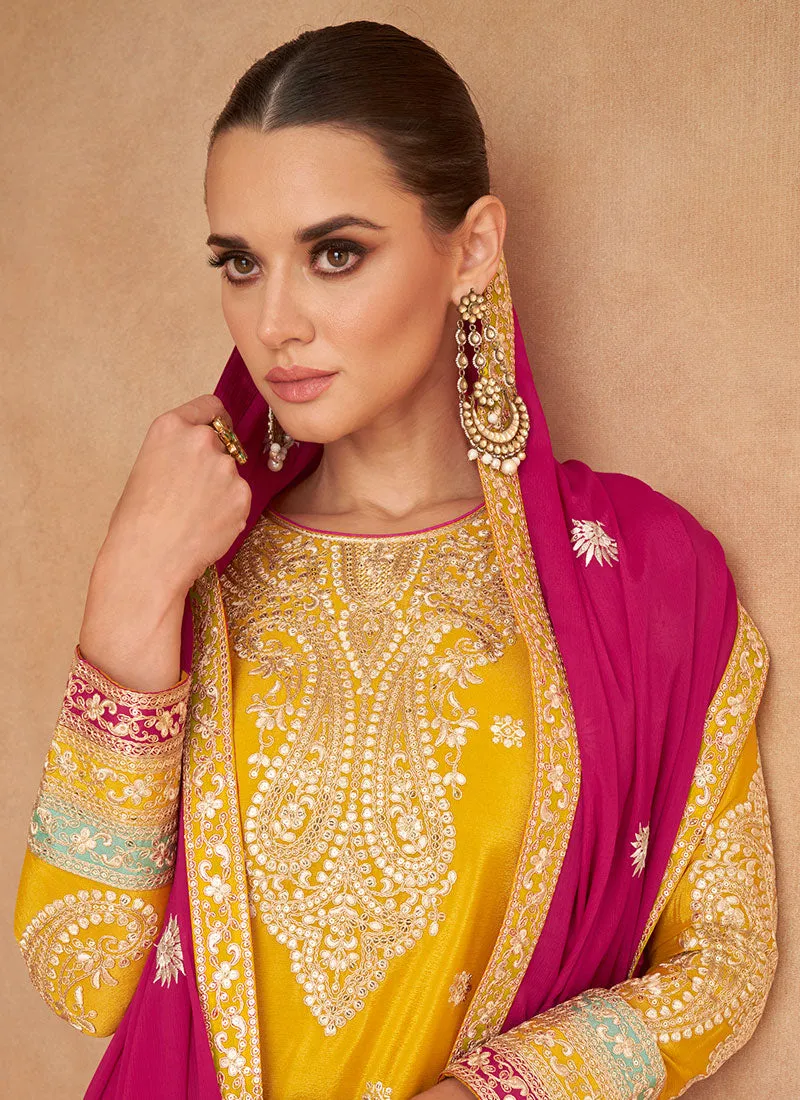 Yellow And Pink Designer Embroidery Palazzo Suit