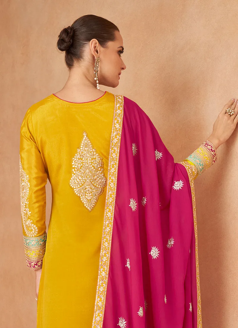 Yellow And Pink Designer Embroidery Palazzo Suit