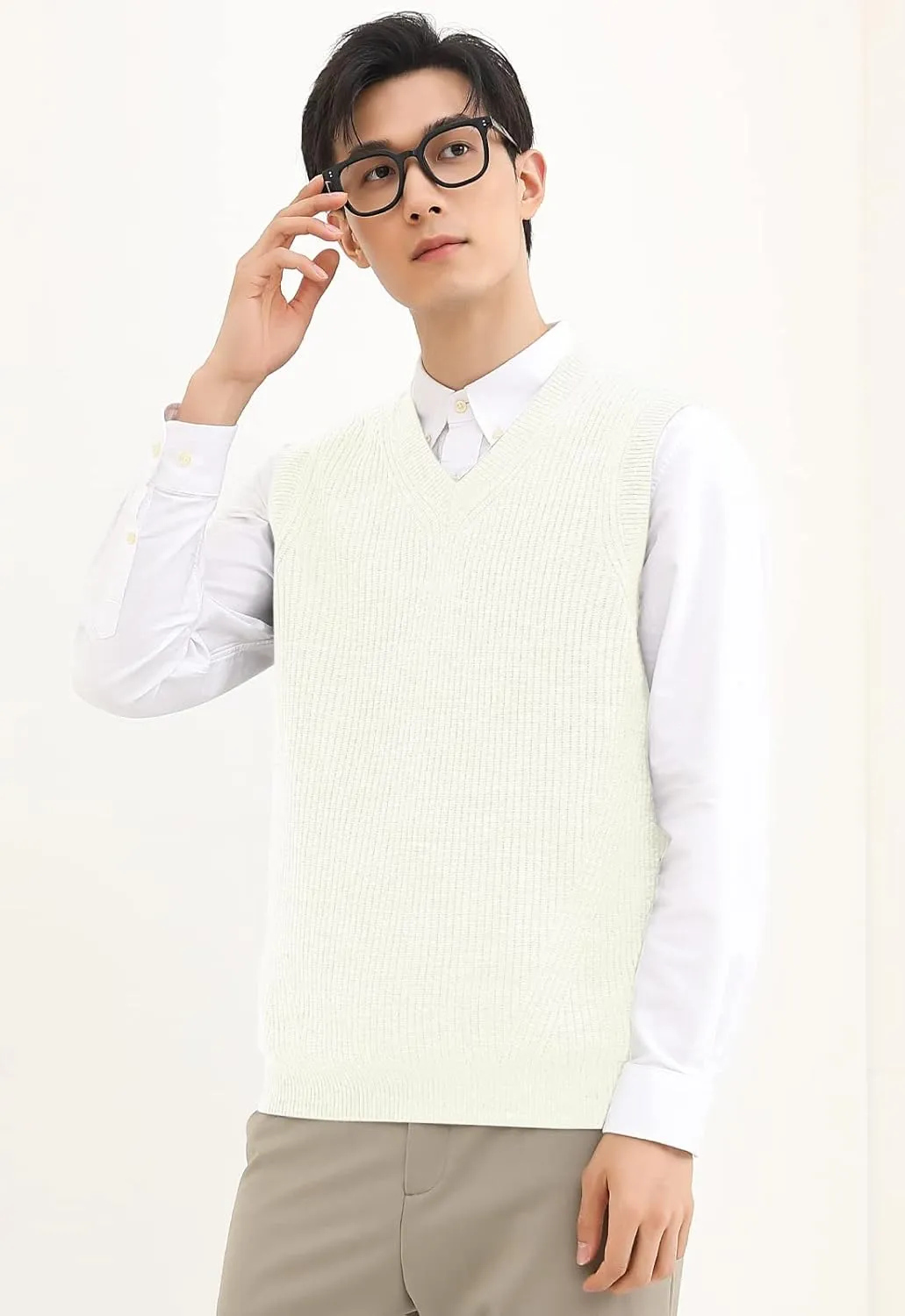 zhilifs Mens V-Neck Knitted Sweater Sleeveless Pullover Knitwear Vest Solid Plain Loose Fit All Match Sweater Tops